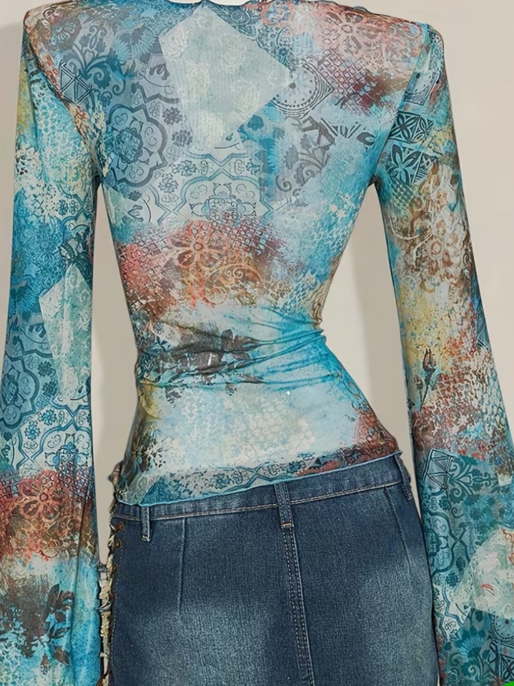 Blue Multi-Print V-Neck Sheer Long-Sleeve Top - Picture 2 of 5